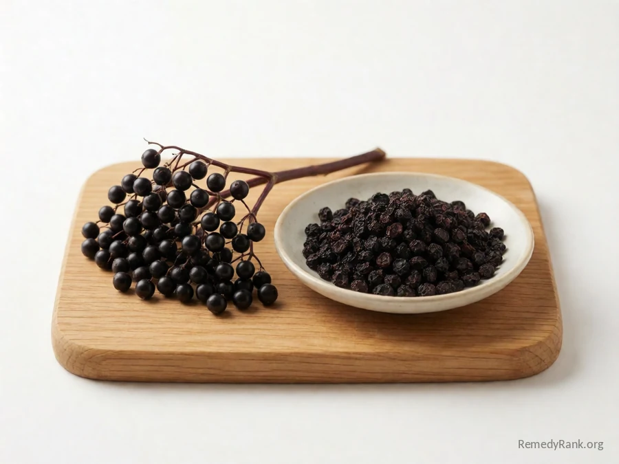 Fresh purple-black elderberries on the stem beside a dish of dried elderberries.