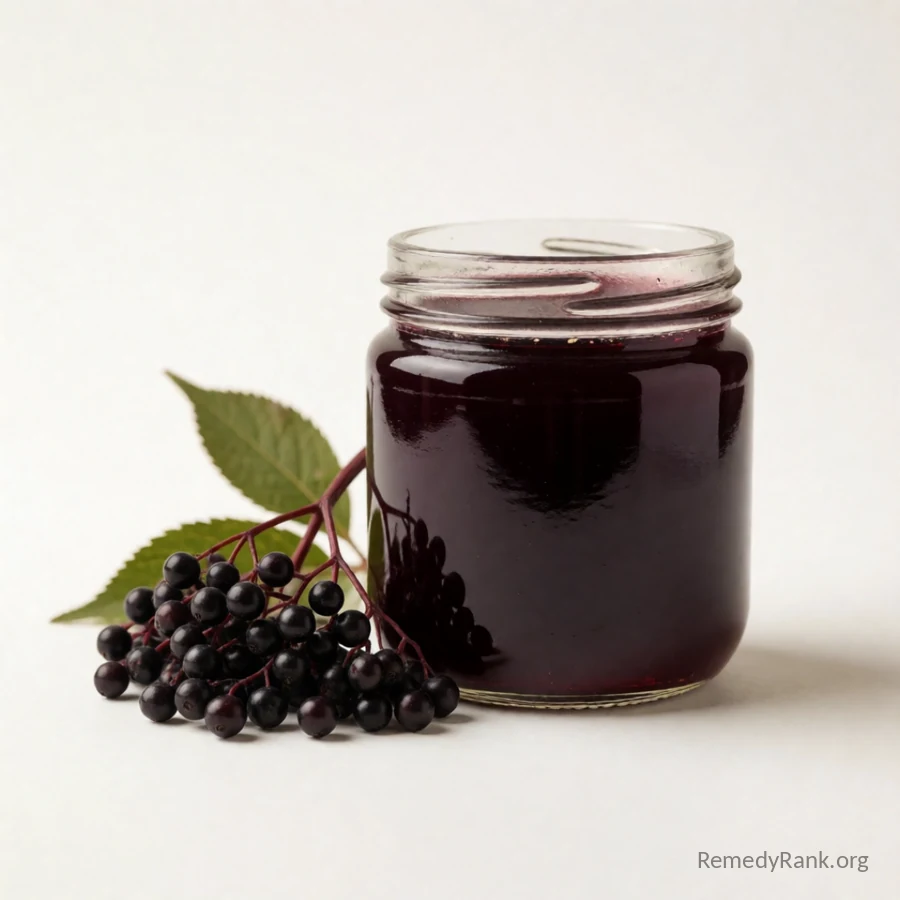A cluster of dark purple elderberries next to a glass jar of deep purple elderberry syrup.