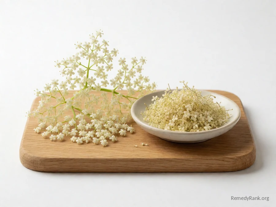 Fresh cream-white elderflower clusters beside a dish of dried elderflowers.
