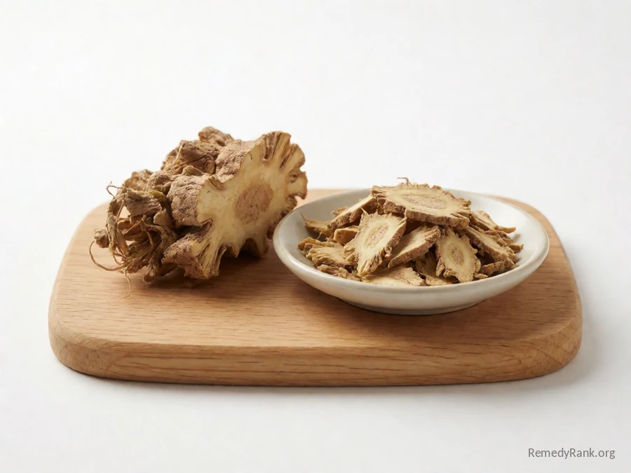 A piece of elecampane root beside a dish of dried sliced elecampane root.