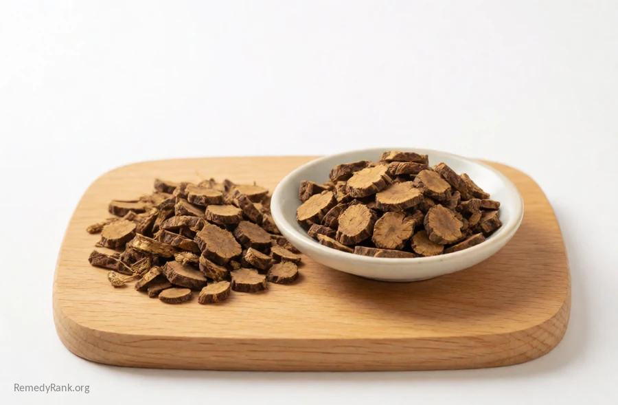 A piece of eleuthero root beside a dish of dried sliced eleuthero root.