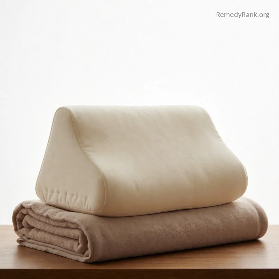 A firm wedge-shaped foam leg pillow resting on a folded soft blanket.