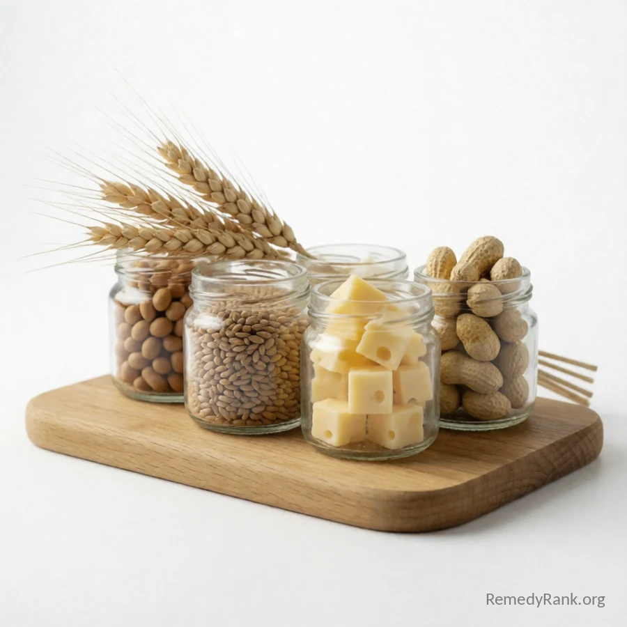 A wooden cutting board with small glass jars of wheat grains, cheese cubes, and peanuts arranged in a row.