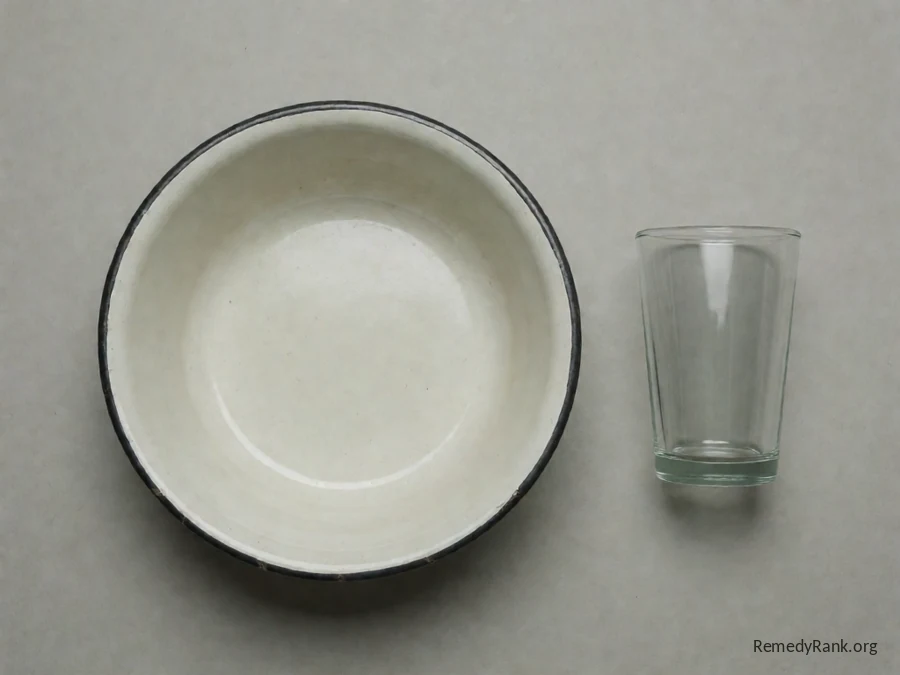 A plain enamel basin and a drinking glass on a neutral grey background.