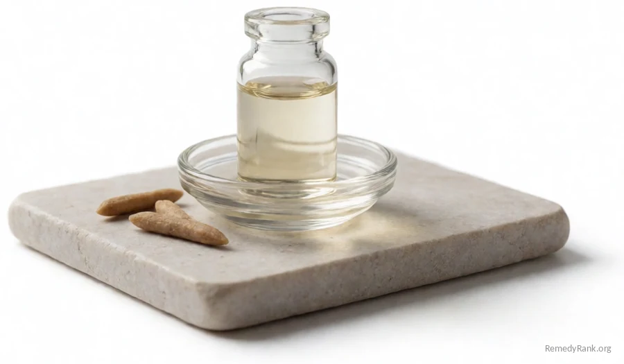 A small clear glass vial of colourless liquid.