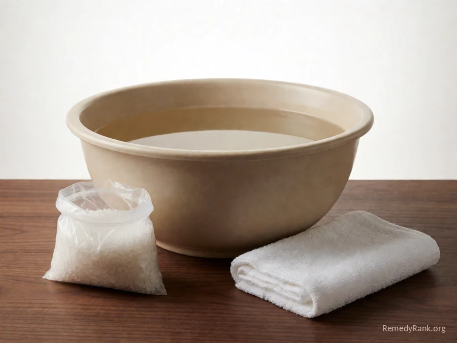 A basin of warm water beside a small bag of coarse white salt.