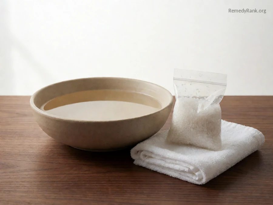 A shallow basin of warm water next to a small bag of coarse white salt.