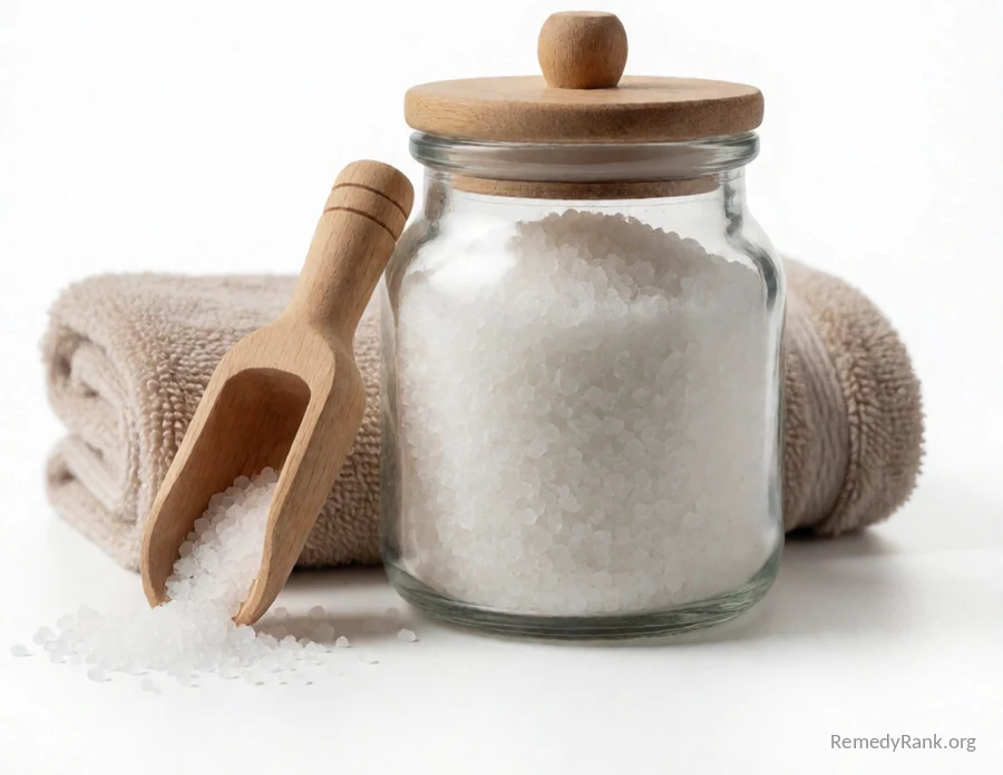 A glass jar of coarse white Epsom salt with a wooden scoop beside a folded towel.