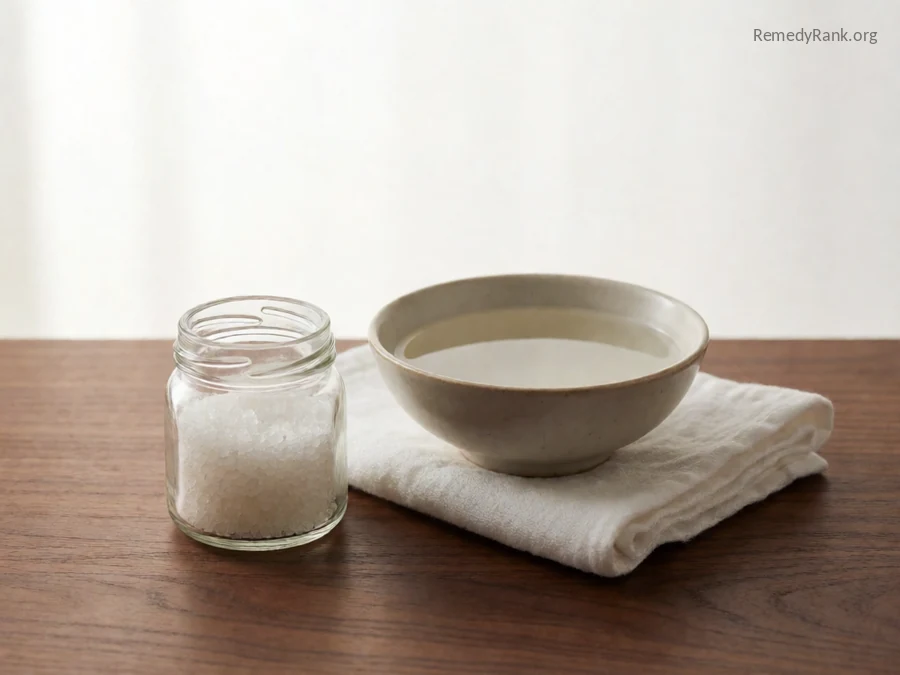 A small glass jar of coarse white salt next to a shallow bowl of warm water.