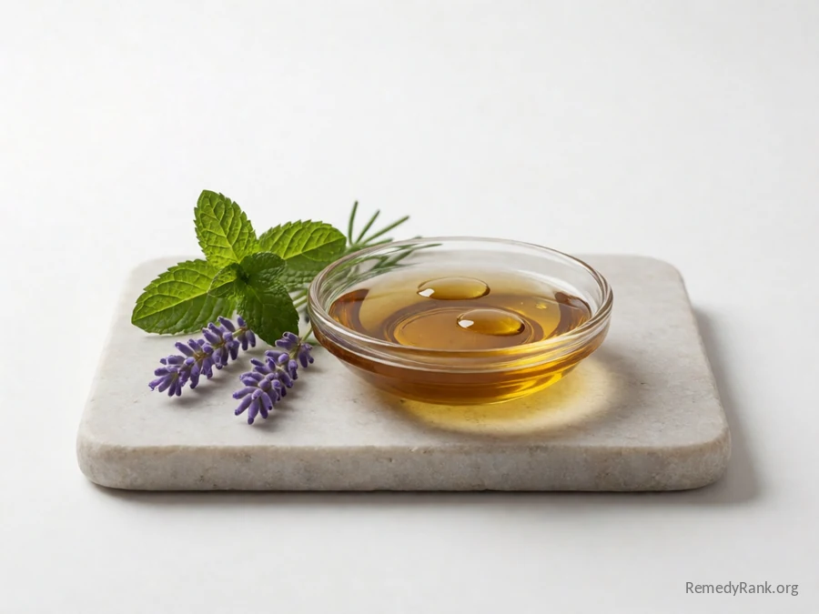 Amber oil droplets beside a sprig of lavender and peppermint leaves.