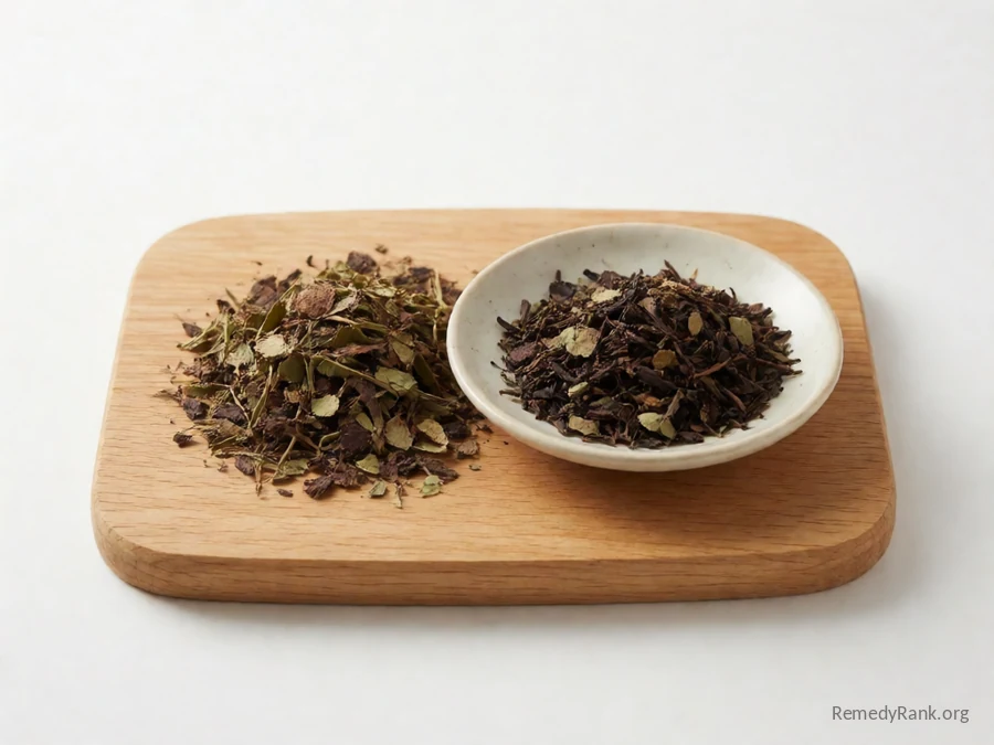 A mix of dried essiac tea herbs beside a dish of the brewed tea.