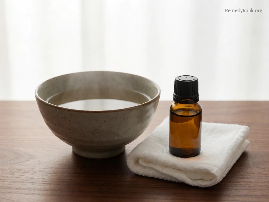A steaming bowl of water next to a small bottle of eucalyptus oil.