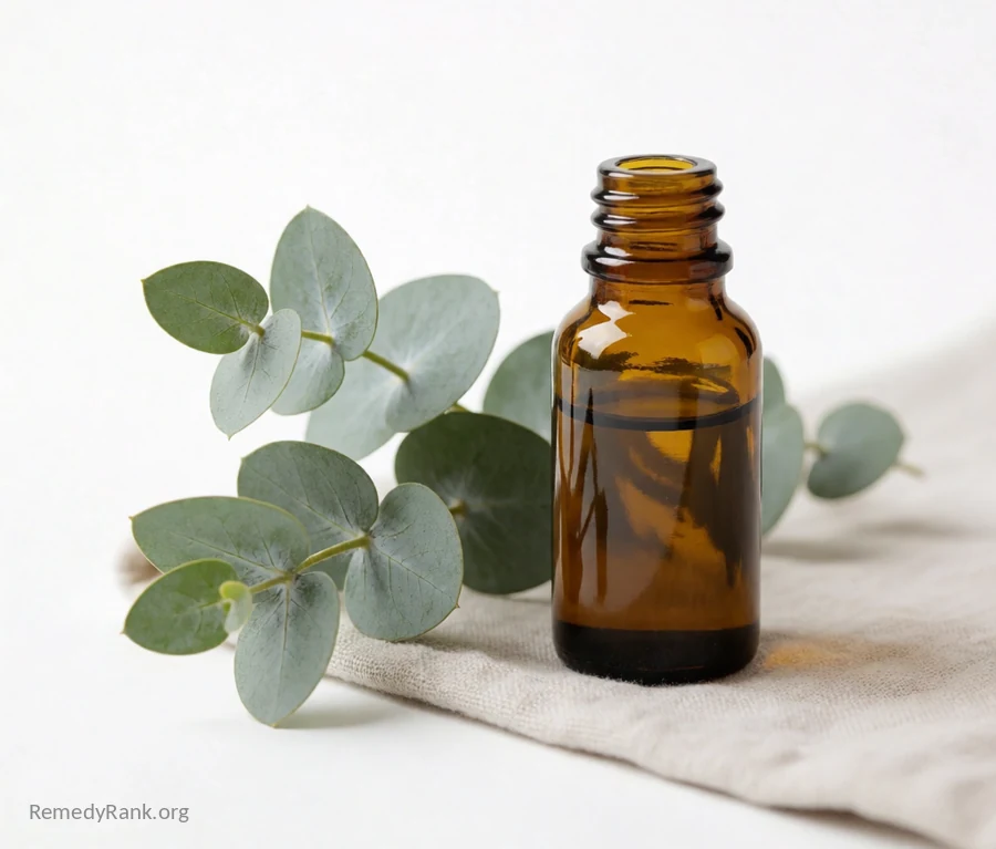 Fresh silvery-green eucalyptus leaf sprigs next to a small amber bottle of eucalyptus oil.