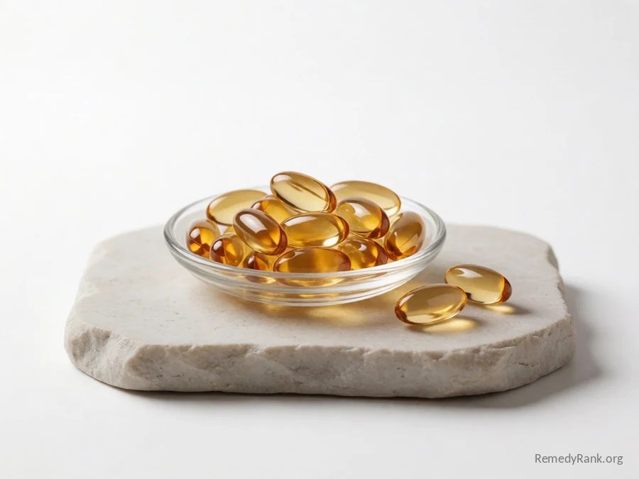 Amber softgel capsules glistening with golden oil.