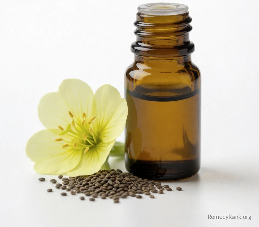 A small amber glass bottle of evening primrose oil sits beside tiny dark seeds and a pale yellow flower.