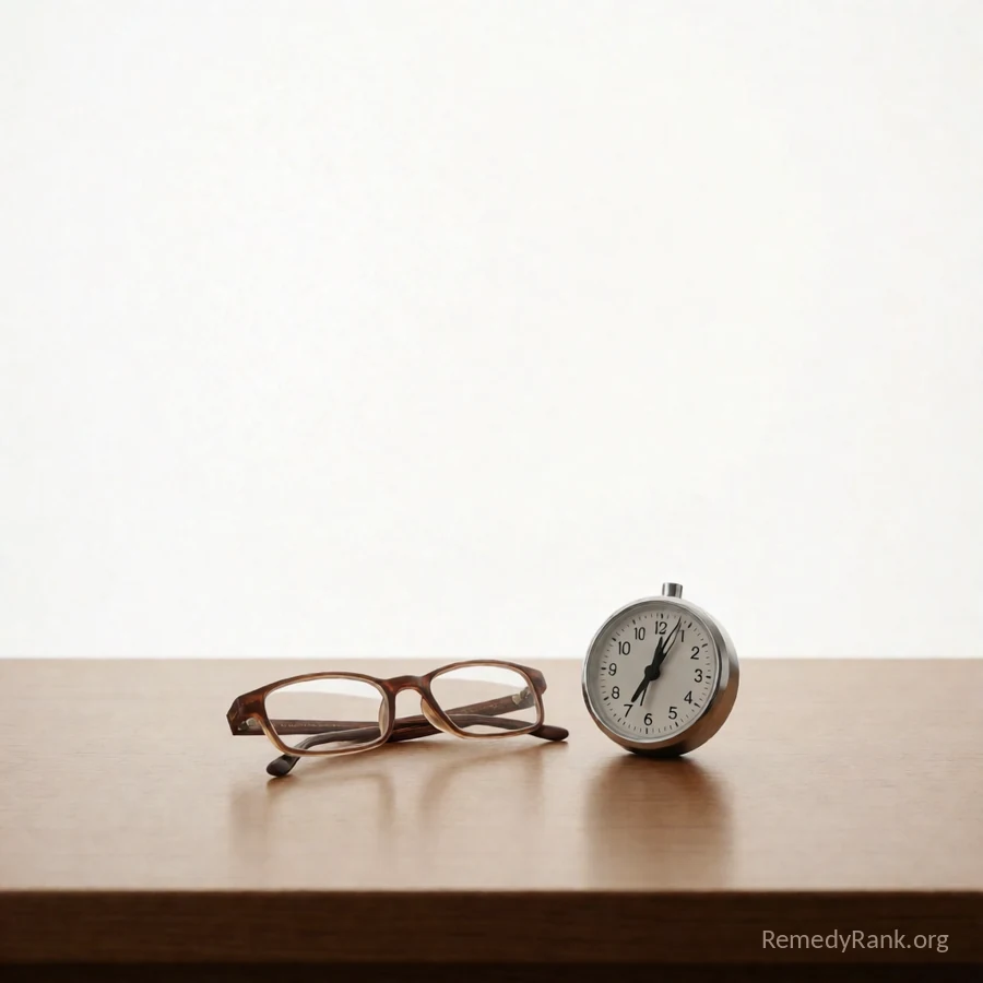 A pair of reading glasses resting beside a small analog kitchen timer on a plain wooden desk.