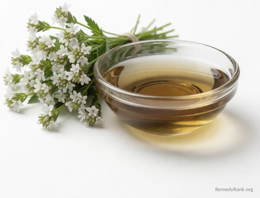 A small bundle of tiny white eyebright flowers next to a shallow glass dish of cooled eyewash.