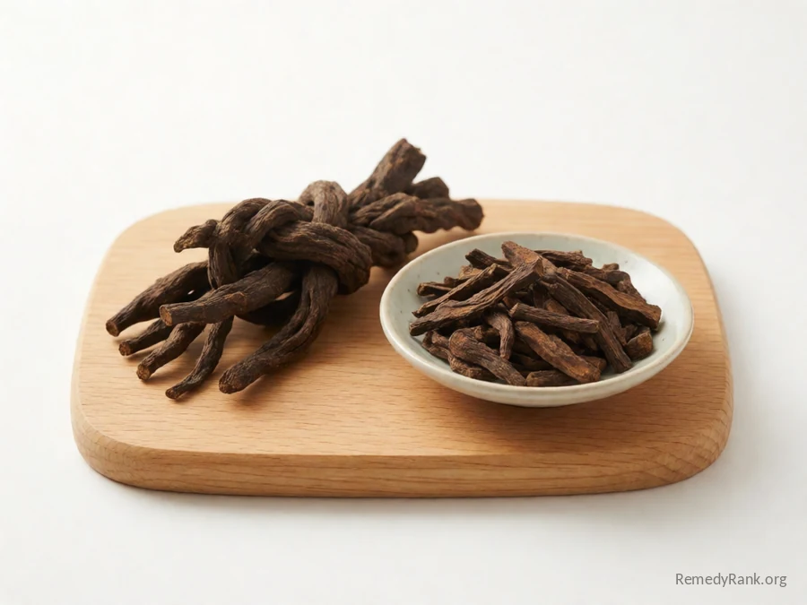 False unicorn root beside a dish of dried cut root.