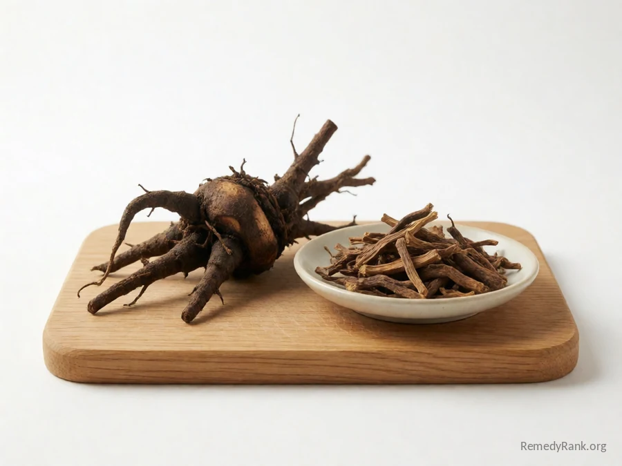 A false unicorn rhizome beside a dish of dried cut root.