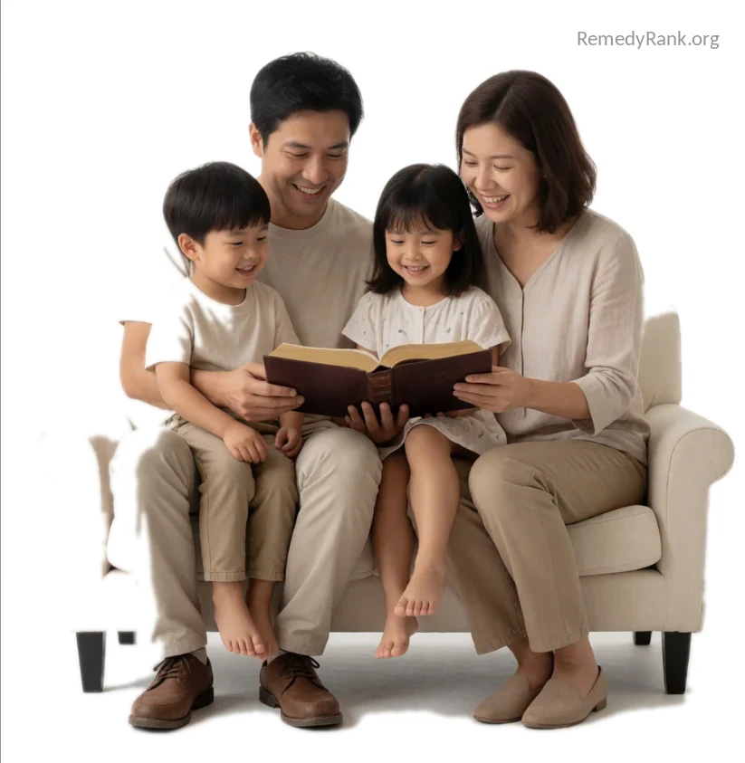 A family sitting close together on a sofa reading one open Bible
