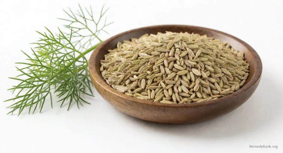 A wooden bowl of dried oval fennel seeds next to a few feathery fresh fennel fronds.