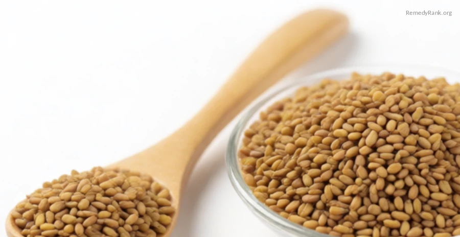 A wooden spoon of golden-brown fenugreek seeds beside a dish of soaked seeds.
