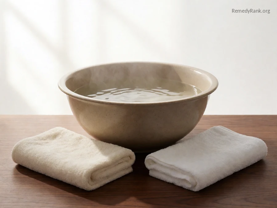 A large basin of steaming water next to a folded cloth.