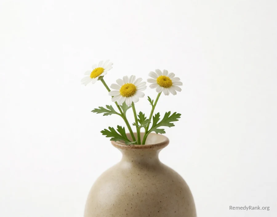 Small white daisy-like feverfew flowers with feathery green leaves in a ceramic vase.