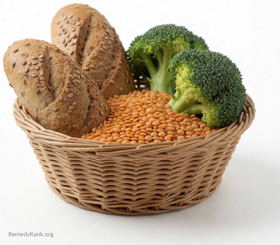 A woven basket filled with whole-grain bread, dried lentils, and fresh broccoli florets.