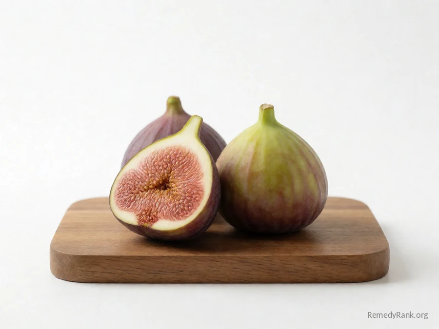 Whole figs beside a halved fig showing its seedy pink flesh.