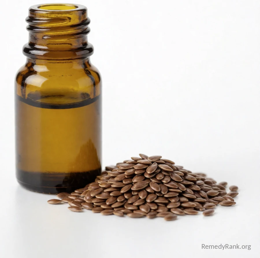 A small amber glass bottle of flaxseed oil sits beside a small pile of whole brown flaxseeds.