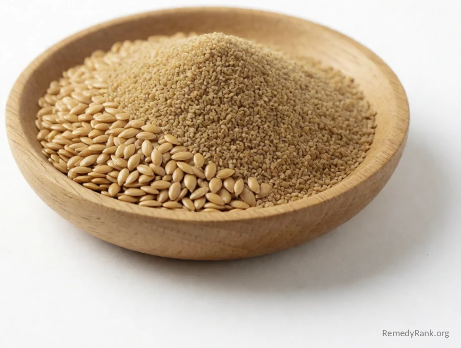 A wooden bowl of whole golden flaxseeds next to a dish of coarsely ground flaxseed meal.