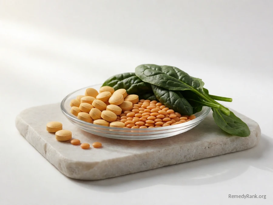 Small yellow-orange tablets beside raw lentils and dark leafy spinach.