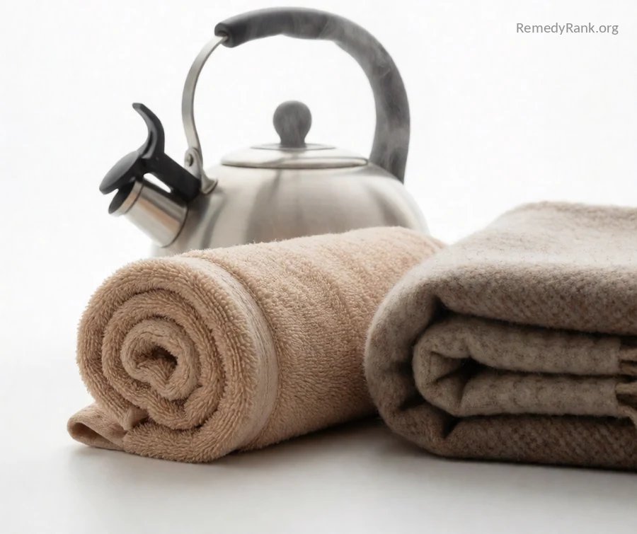 A rolled, moist flannel towel rests beside a steaming kettle and a folded wool blanket.