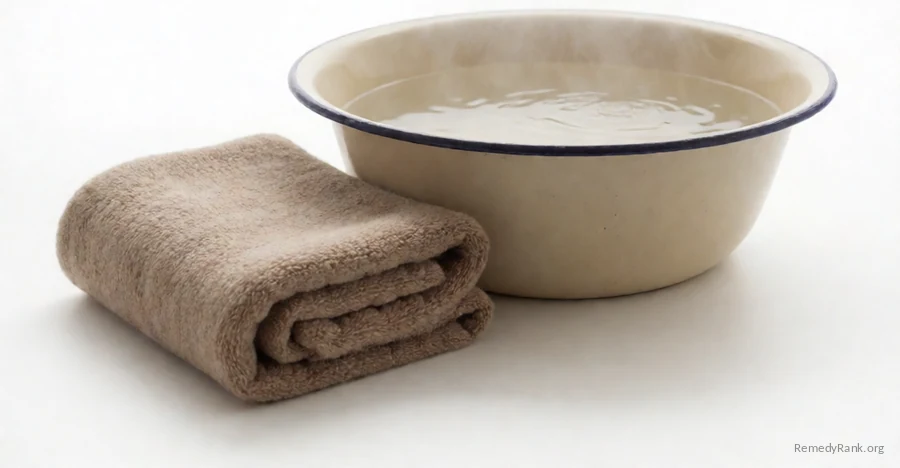 A thick folded flannel cloth beside a steaming enamel basin of hot water.