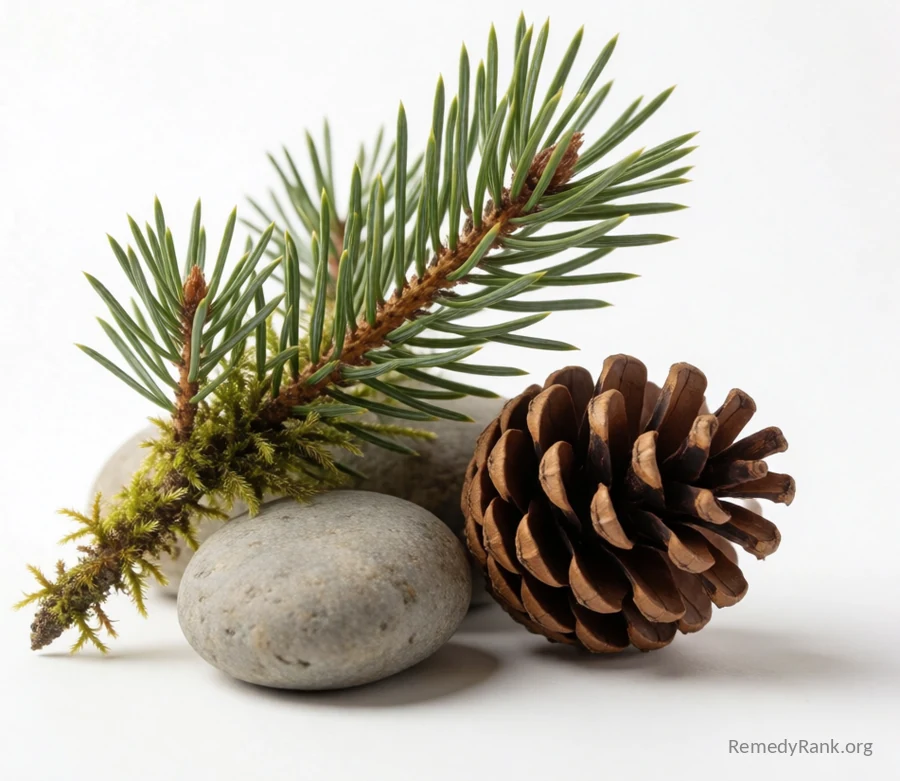 A small mossy pine branch resting beside a smooth grey river stone and a fallen pinecone.