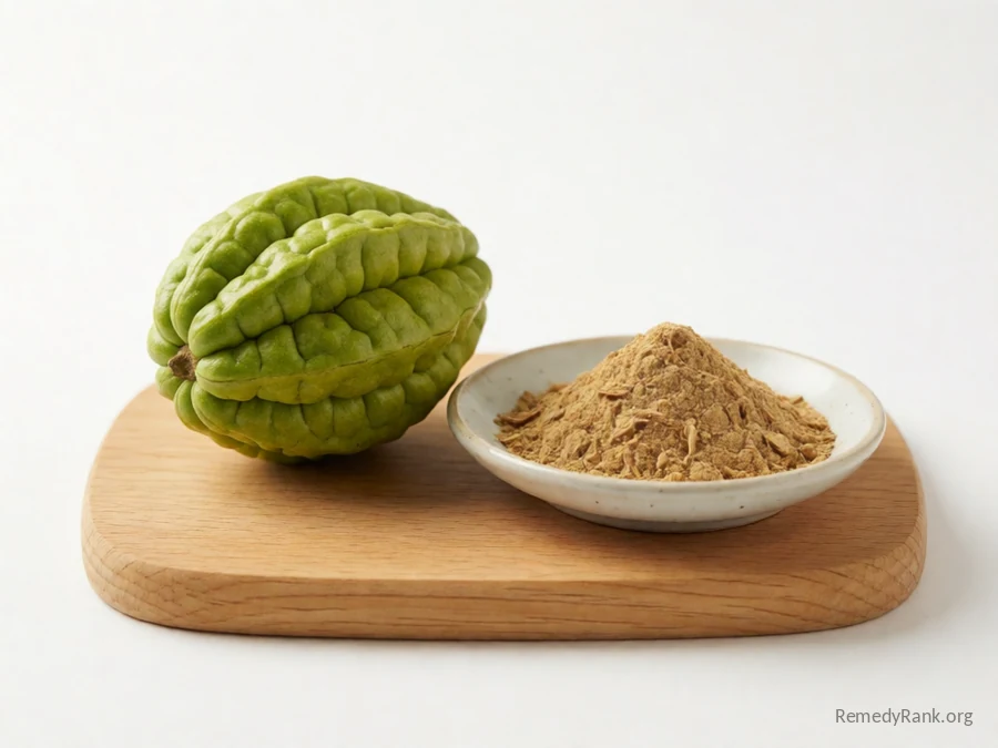 A whole garcinia cambogia fruit beside a dish of dried rind extract powder.