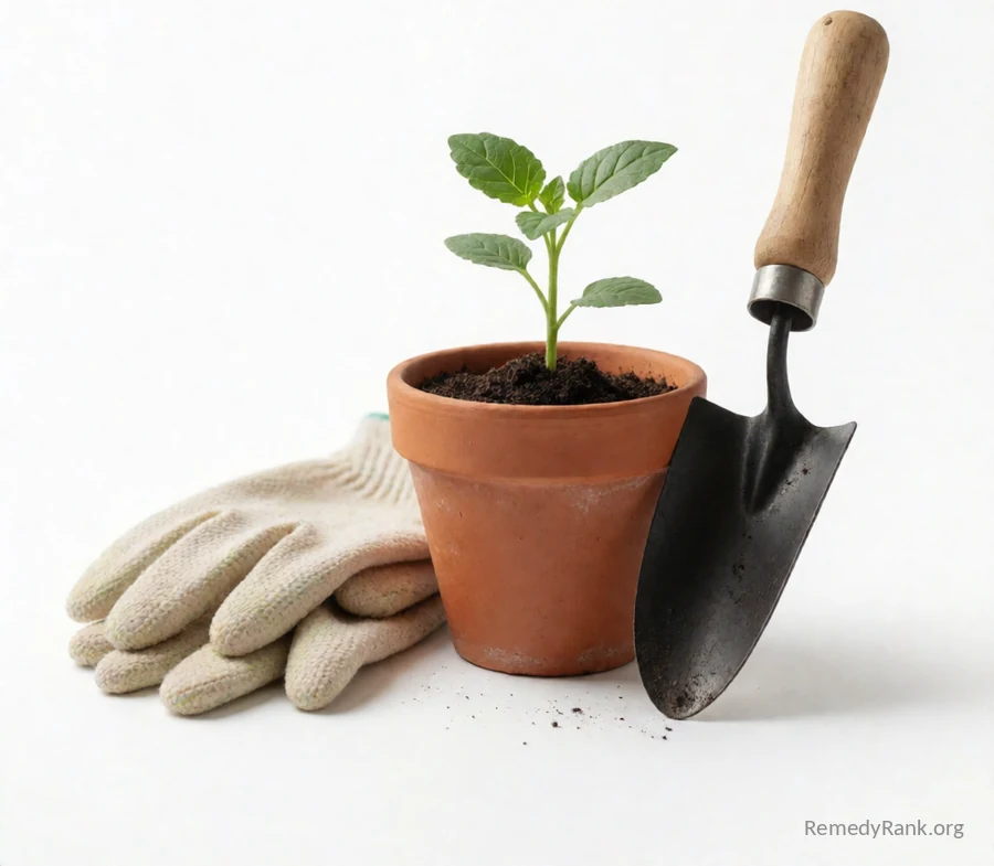 A small terracotta pot holding a young green seedling beside a garden trowel and a pair of gardening gloves.