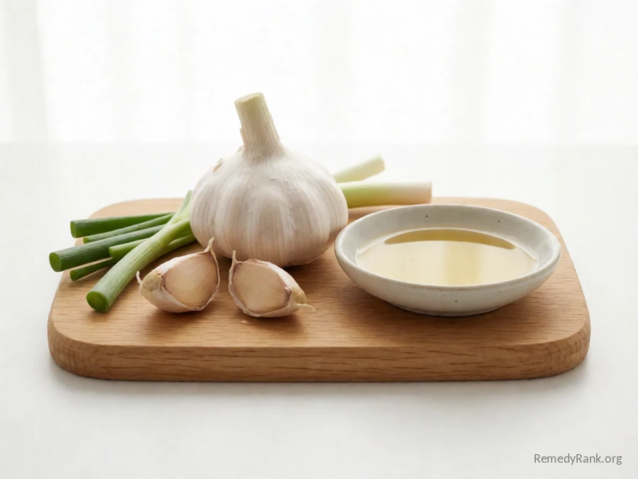 A garlic bulb and cloves beside a dish of golden garlic oil.