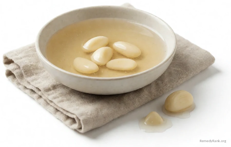 A glass of pale garlic-infused water beside peeled garlic cloves.