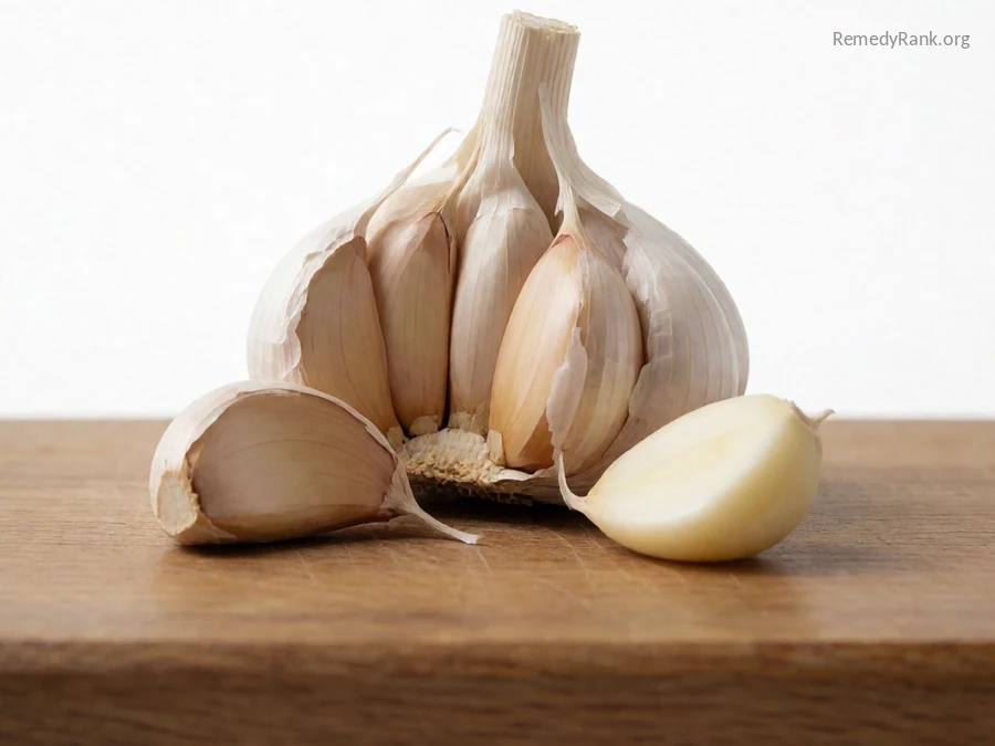 A garlic bulb with loose cloves and one peeled clove on a wooden board.