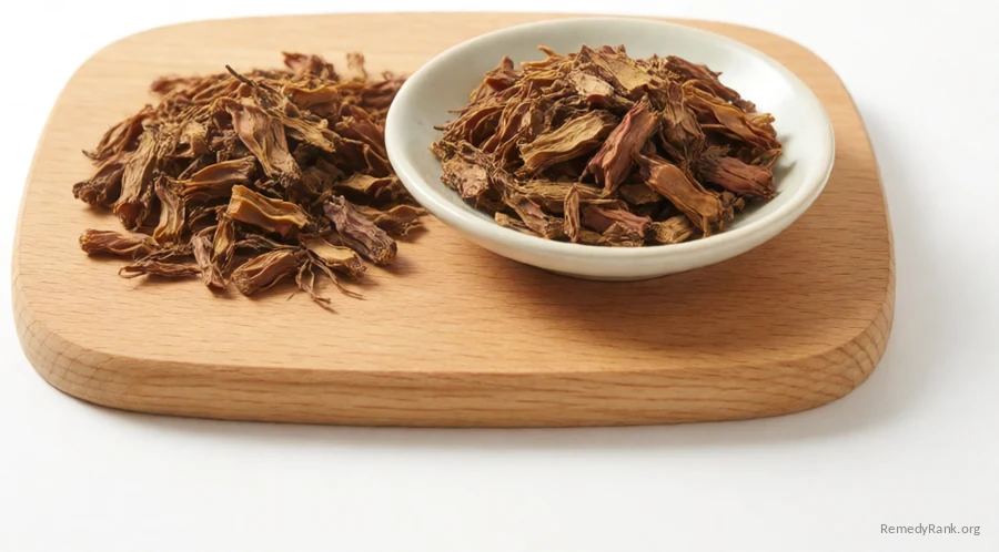 A piece of gentian root beside a dish of dried cut gentian root.