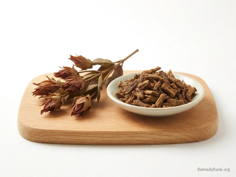 A piece of gentian root beside a dish of dried cut root.
