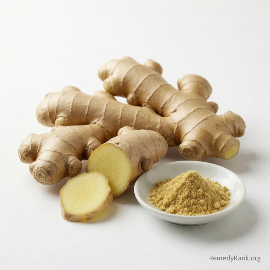 Fresh ginger root, one piece sliced open, beside a dish of ground ginger.
