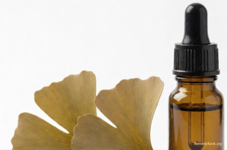Fan-shaped ginkgo leaves beside a small amber dropper bottle of extract.