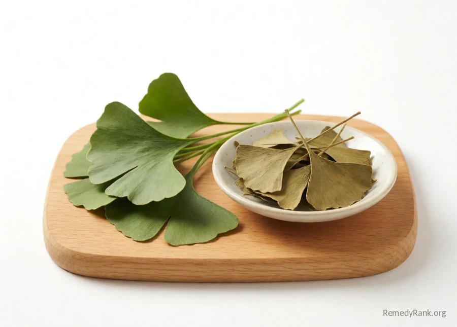 Fresh fan-shaped ginkgo leaves beside a dish of dried cut ginkgo leaf.