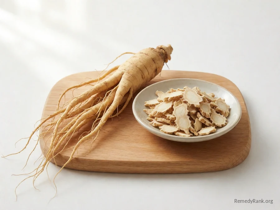 A whole ginseng root beside a dish of dried sliced ginseng root.