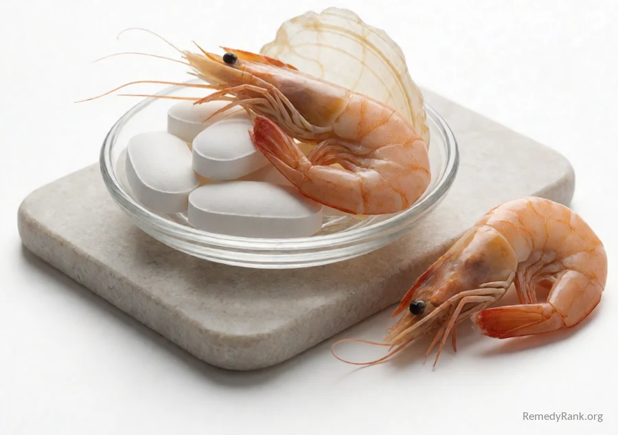 Large white oblong tablets beside a whole shrimp and its shell.