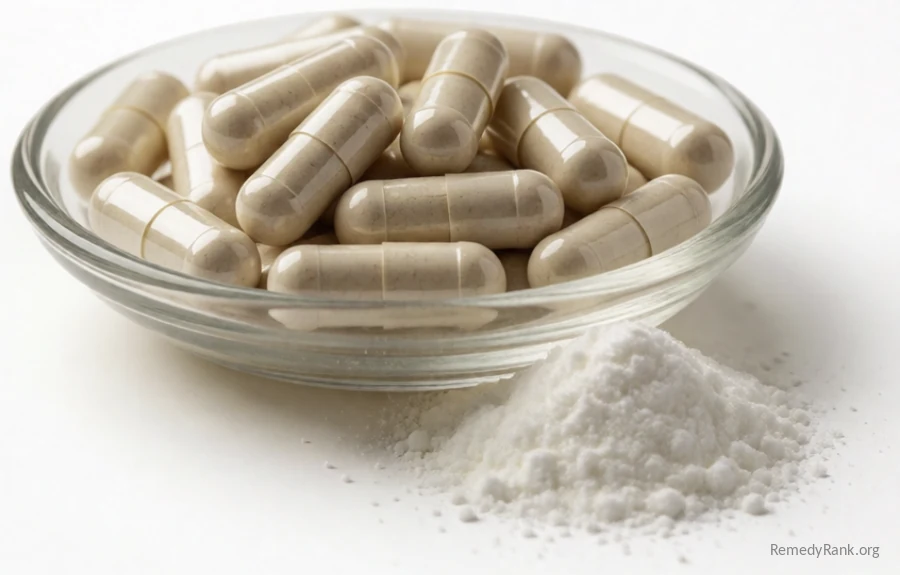 A small glass dish of white glucosamine capsules resting beside a small mound of white powder.