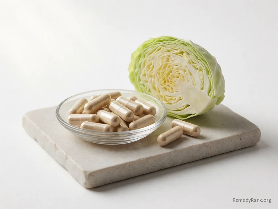 White powder-filled capsules beside a wedge of raw cabbage.